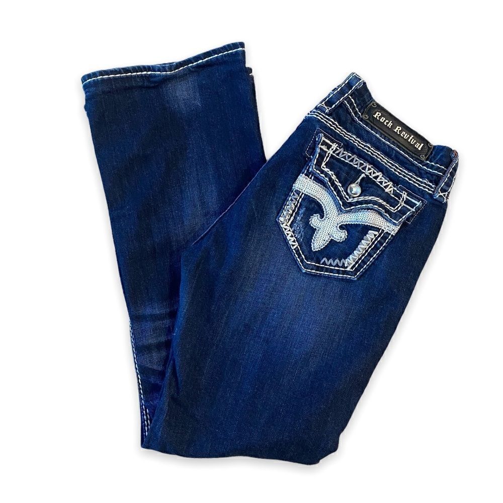 Rock Revival Rare Serena Dark Wash Easy Boot Cut Jeans Embellished Flap Pockets